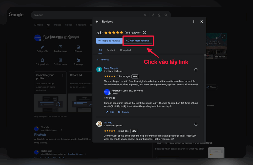 click vao get more reviews de lay link