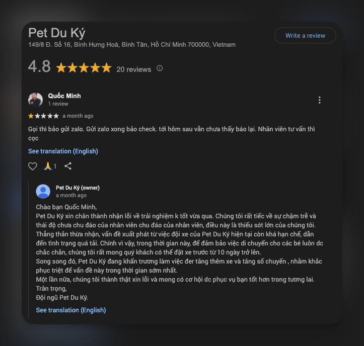 pet du ky la don vi ap dung triet de viec phan hoi review tot
